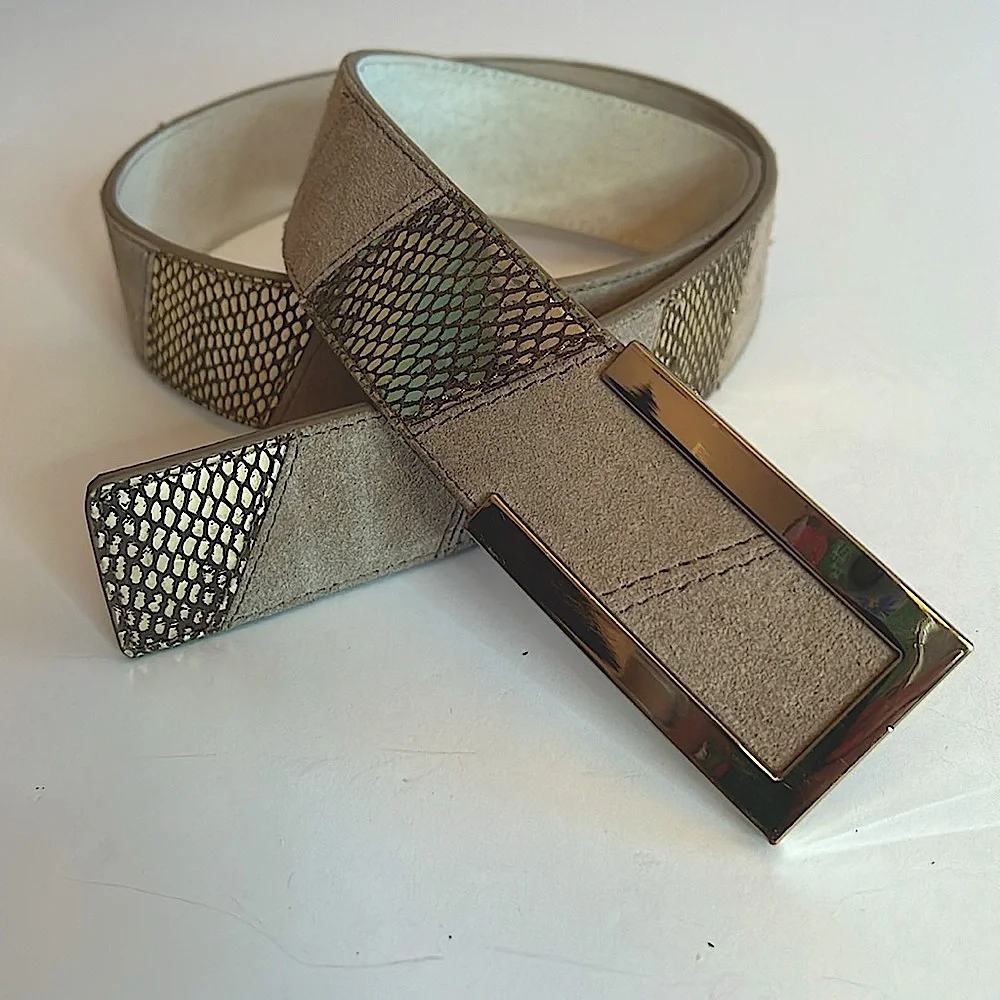 White House Black Market tan suede and gold snakeskin patchwork leather belt